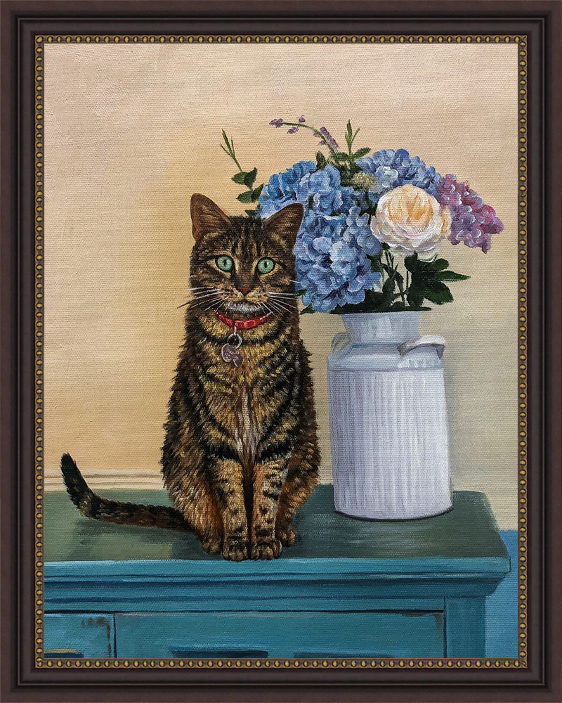 Tabby cat beside a vase of blue hydrangeas, oil pet portrait